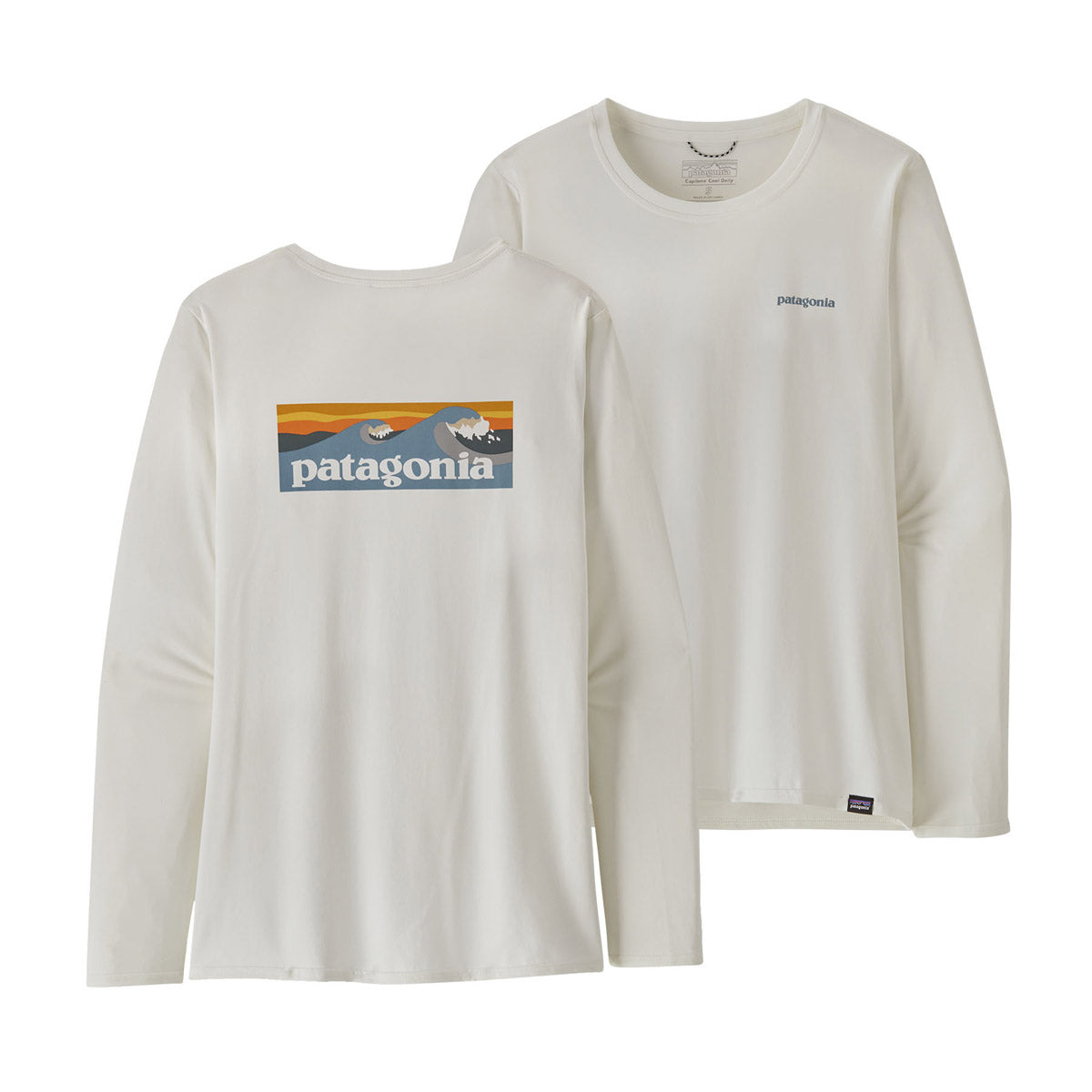 Patagonia Women's Long-Sleeved Capilene Cool Daily Graphic Shirt - Waters Boardshort ogo Light Plume Grey: White / L