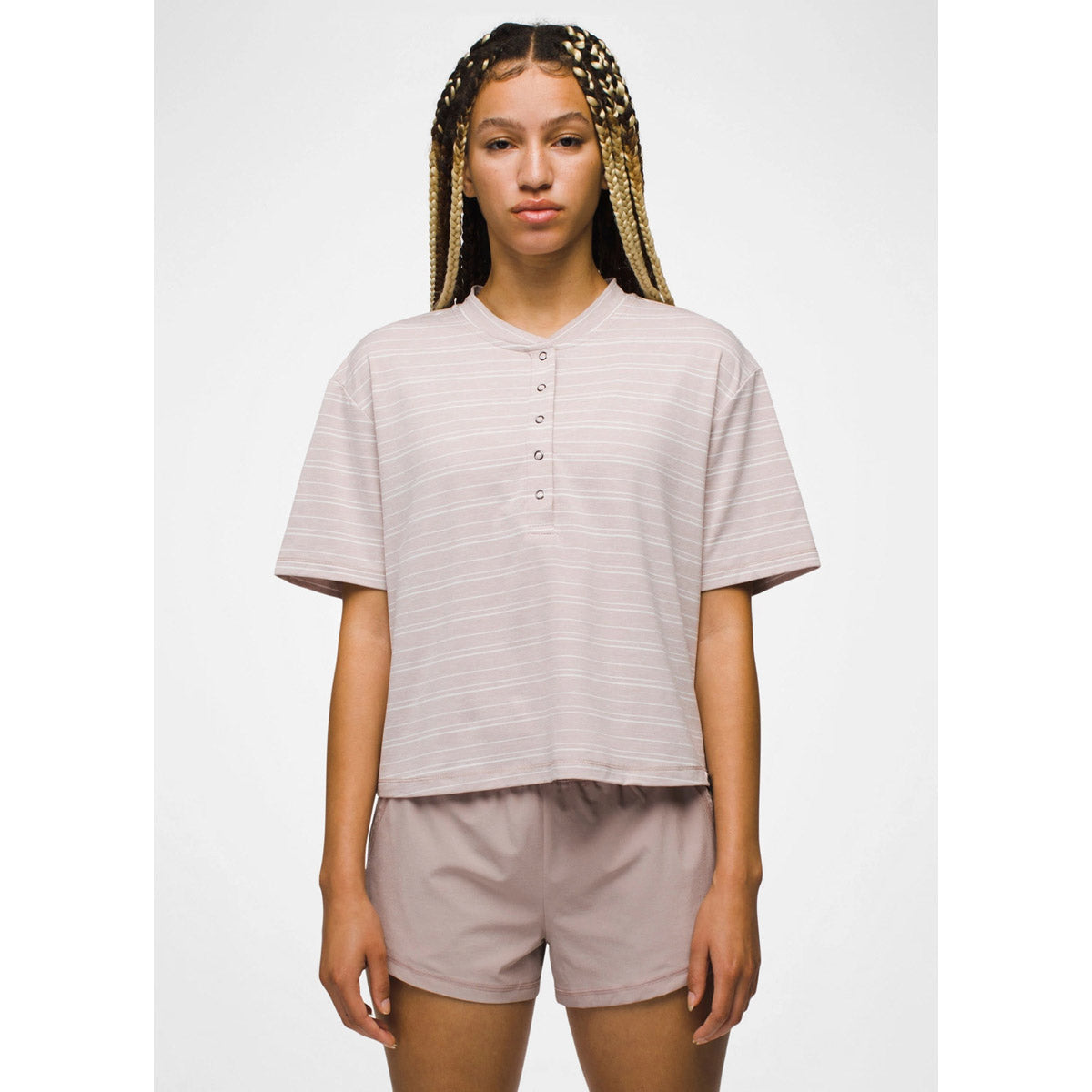 Prana Women's Sol Searcher Short Sleeve Henley Willow Stripe