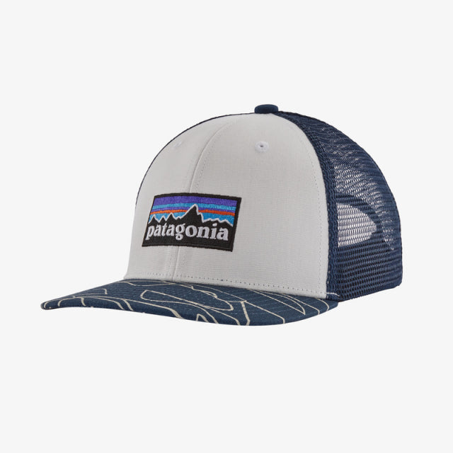 Patagonia Kids&#39; Trucker Hat P-6 Logo: White w/Bartolome Small: Stone Blue