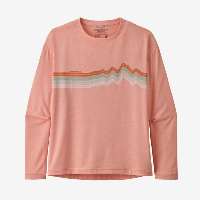 Patagonia Girls&#39; Long-Sleeved Capilene Cool Daily T-Shirt RIFX Ridge Rise Stripe: Flamingo Pink X-Dye