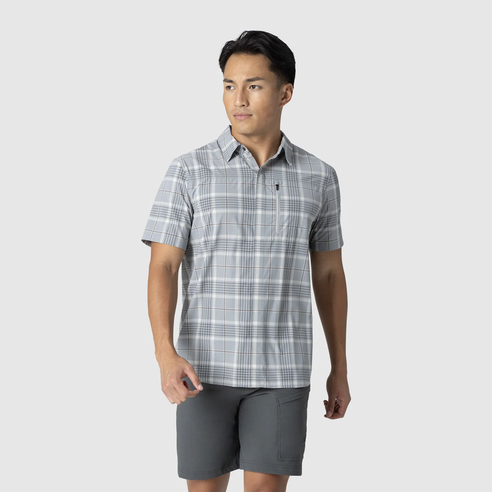 Outdoor Research Mens Astroman Short Sleeve Sun Shirt Light Pewter Plaid