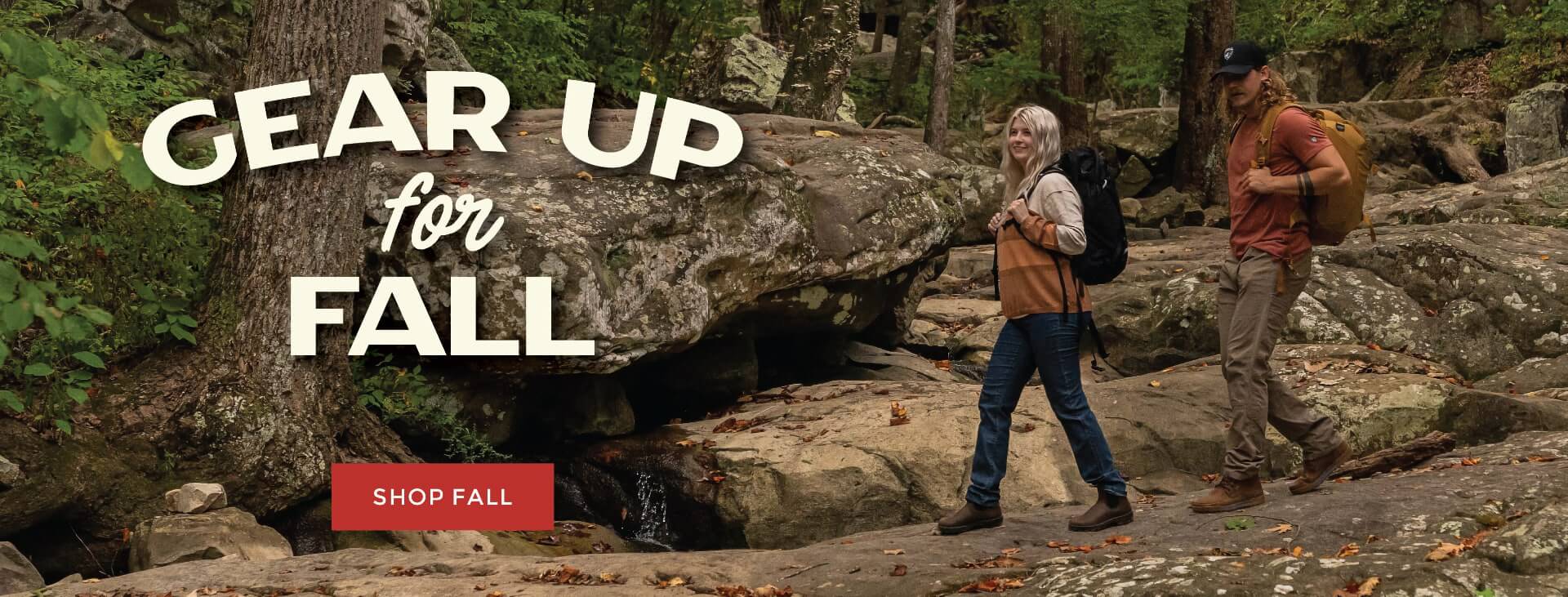 Gear up for Fall Promo Image of couple hiking on trail with hiking gear