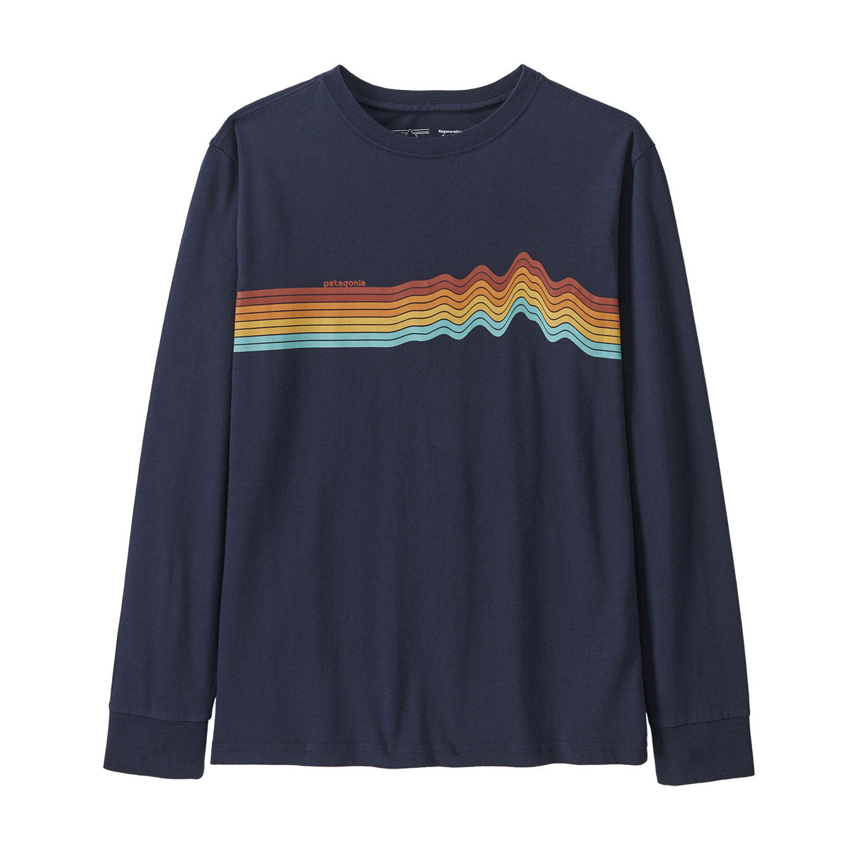 Patagonia Kids&#39; Long-Sleeved Regenerative Organic Certified Cotton Ridge Rise Stripe T-Shirt New Navy