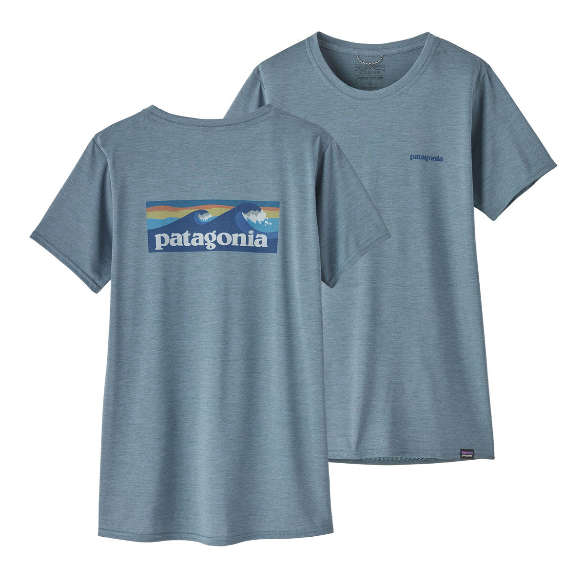 Patagonia Women&#39;s Capilene Cool Daily Graphic Shirt - Waters Boardshort Logo: Light Plume Grey X-Dye