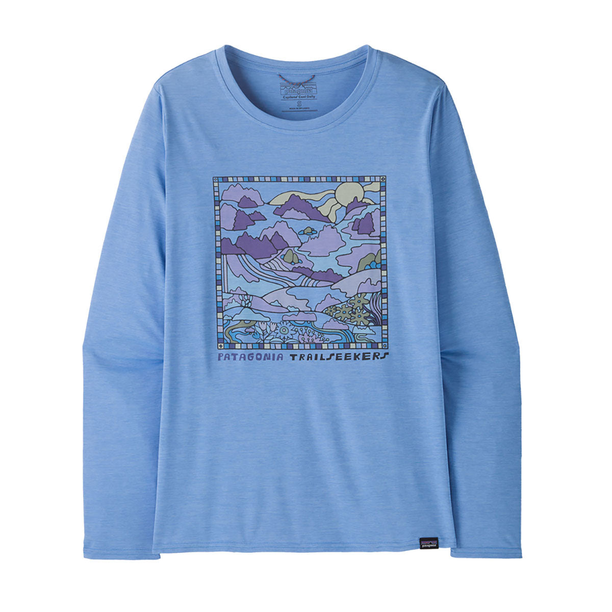 Patagonia Womens Long-Sleeved Capilene Cool Daily Graphic Shirt - Lands Trailseekers: Abundant Blue X-Dye