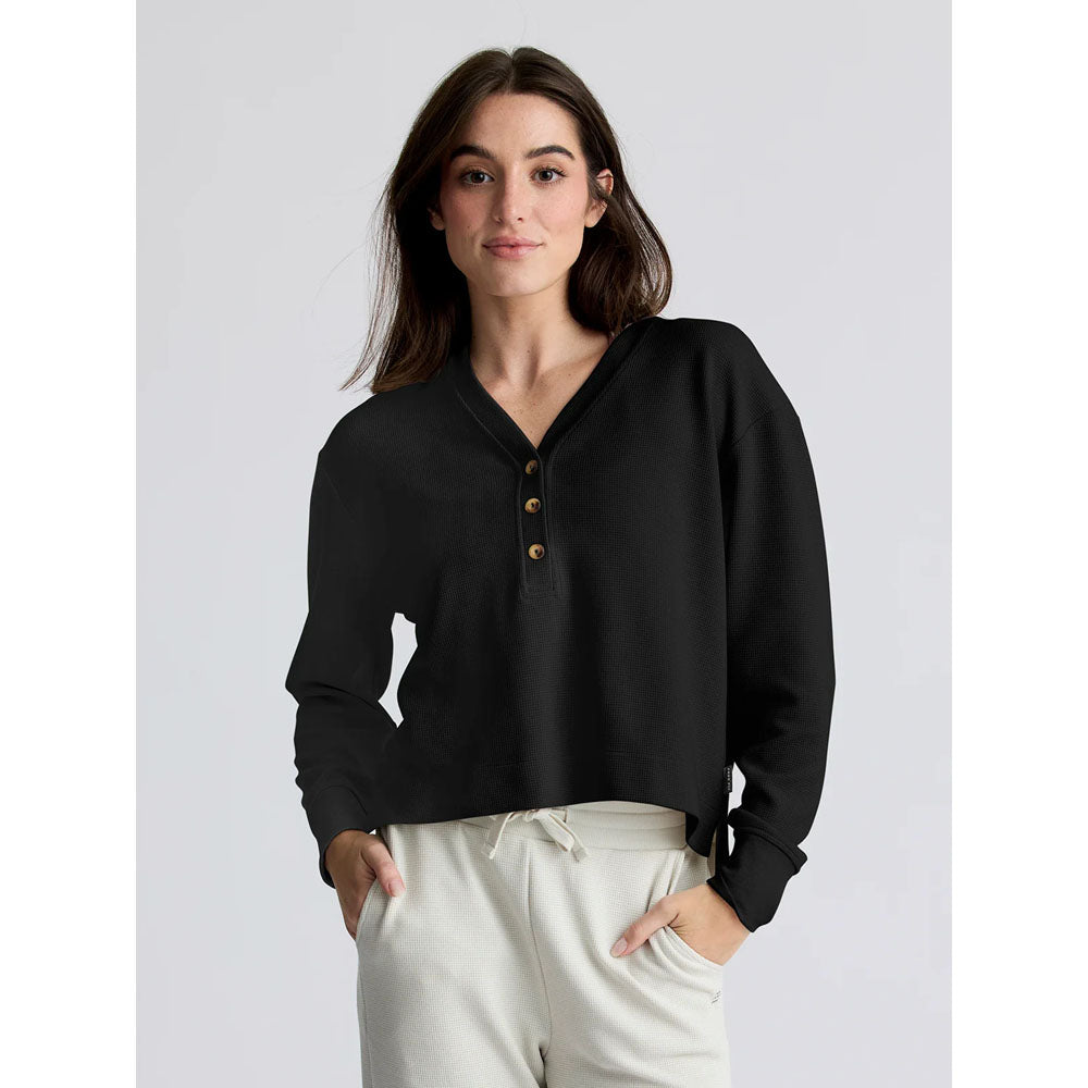 Free Fly Apparel Womens Waffle Long Sleeve Henley Black and / S