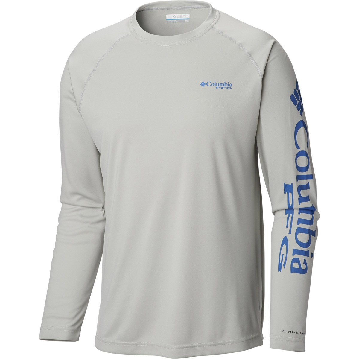 Columbia Men&#39;s PFG Terminal Tackle Heather Long Sleeve Shirt Cool Grey Heather, Vivid Blue Logo