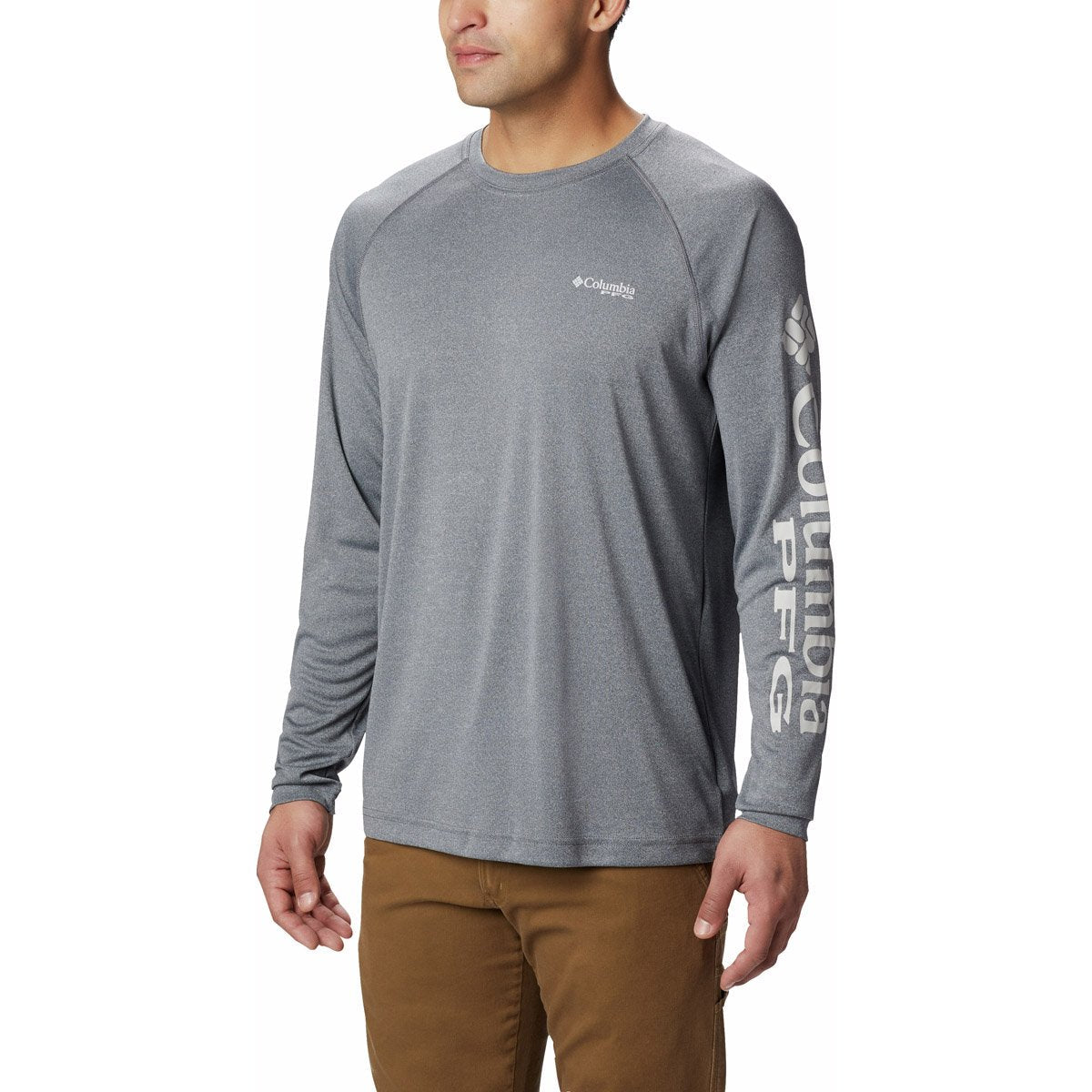 Columbia Men&#39;s PFG Terminal Tackle Heather Long Sleeve Shirt Charcoal Heather, Cool Grey Logo