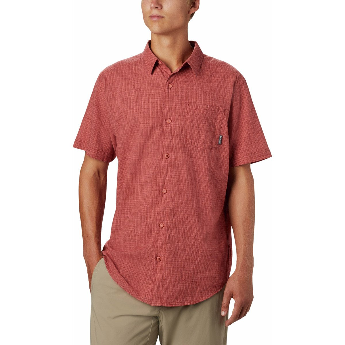 Columbia Men&#39;s Under Exposure Yarn-Dye Short Sleeve Shirt Dark Coral Plaid