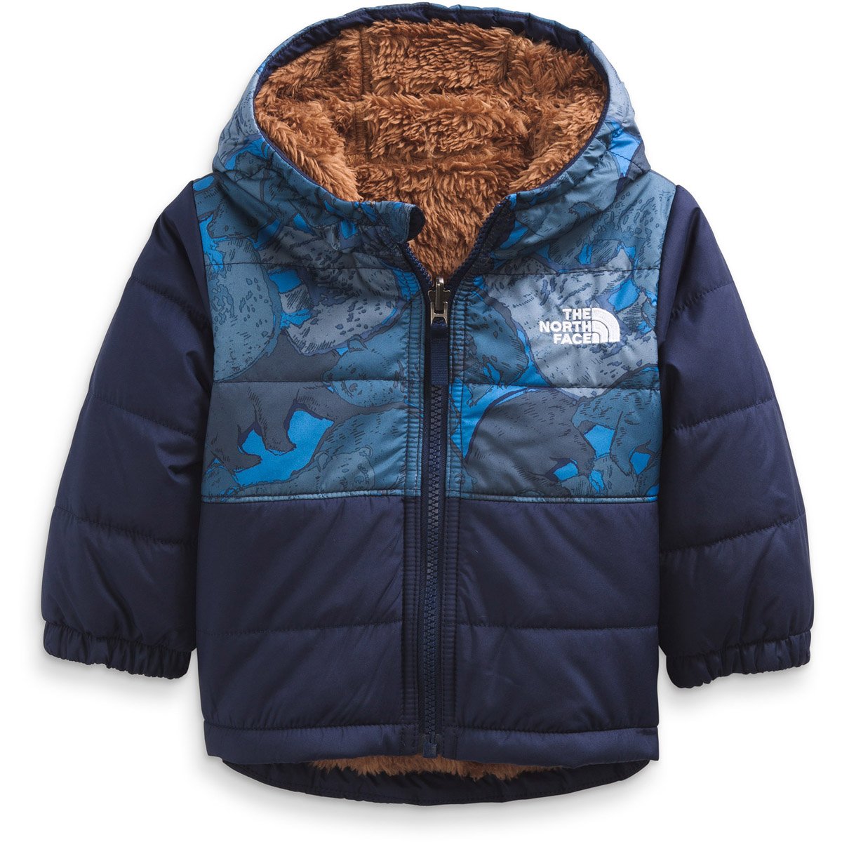 The North Face Infant Reversible Mossbud Swirl Full Zip Hooded Jacket TNF Navy Bear Camo Print