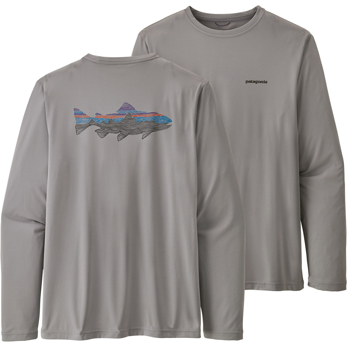 Patagonia Men&#39;s Long-Sleeved Cap Cool Daily Fish Graphic Shirt Woodgrain Fitz Roy Trout: alt Grey / S